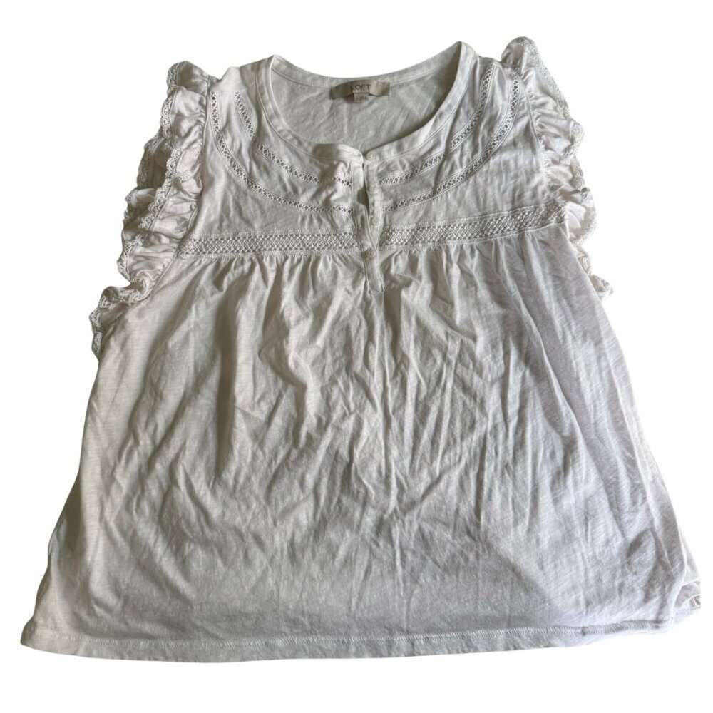 LOFT white Lace Trim Ruffle Henley Top sixe Xl